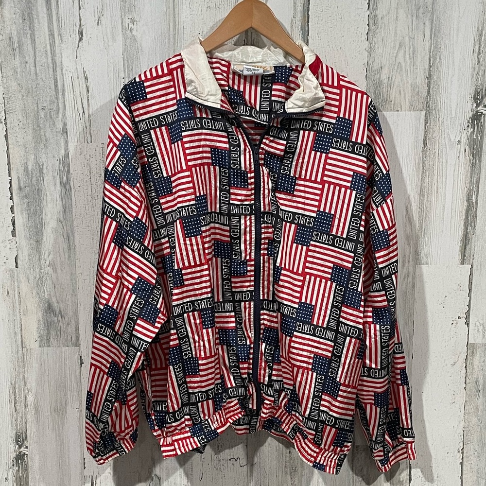 SOLARE SPORT Vintage USA Flag Windbreaker Jacket Size Large